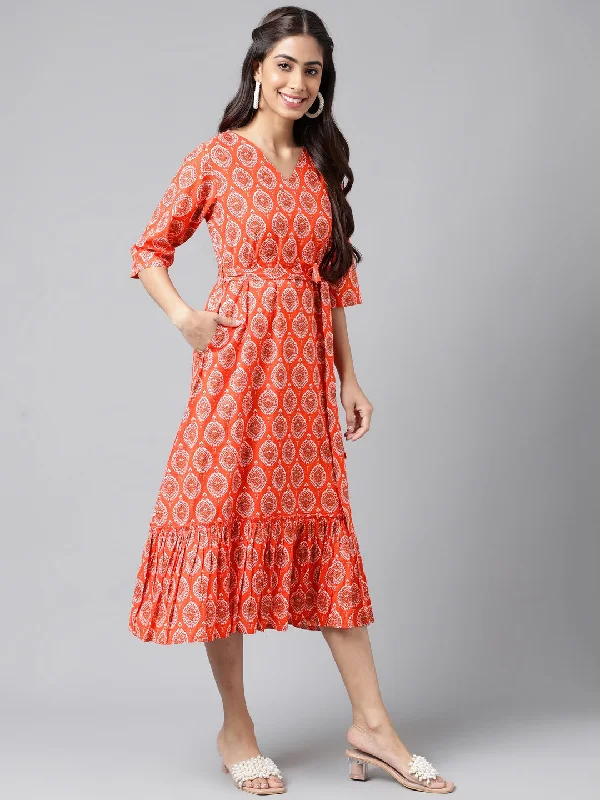 Orange Cotton Ethnic Motifs Printed Ruffled Dress