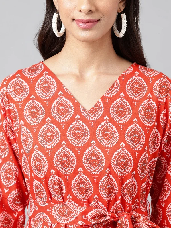 Orange Cotton Ethnic Motifs Printed Ruffled Dress