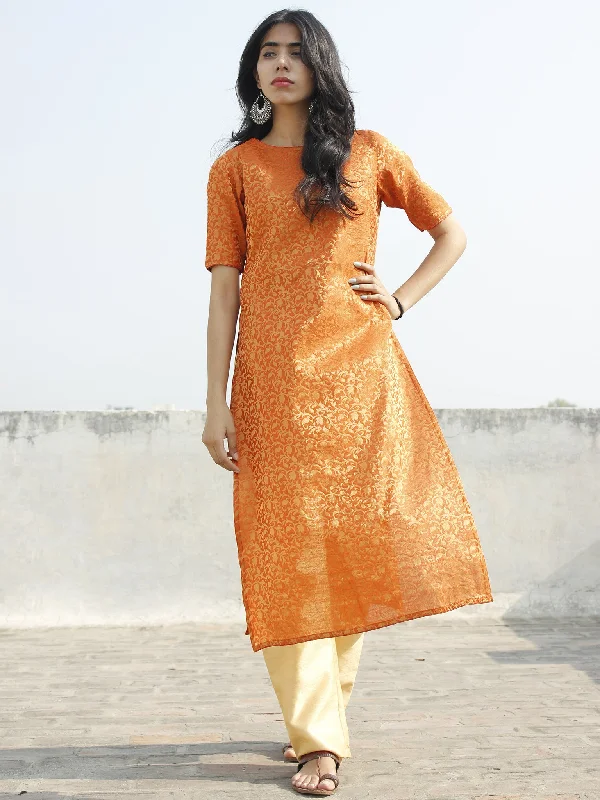 Orange Golden Brocade Kurta With Side Slit - 128F001