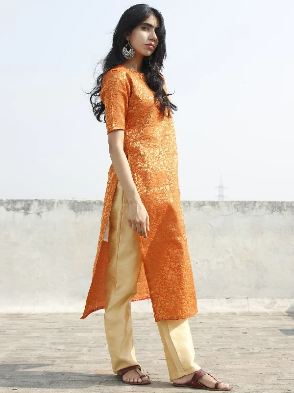 Orange Golden Brocade Kurta With Side Slit - 128F001