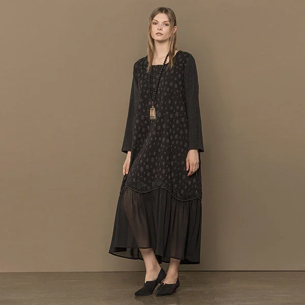 Outline Women Loose Dot Vintage Dress Autumn Black Jacquard Pullover Pleated Patchwork Long Chiffon Hem Plus Vestidos L173Y015