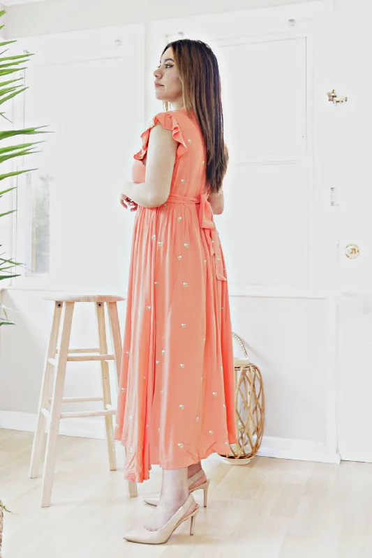 Petite V Neck Embroidered Belted A Line Midi Dress (Coral)