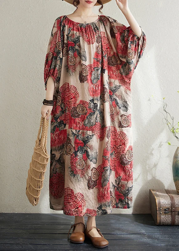 Plus Size Red O Neck Print Cotton Long Dress Puff Sleeve AP038