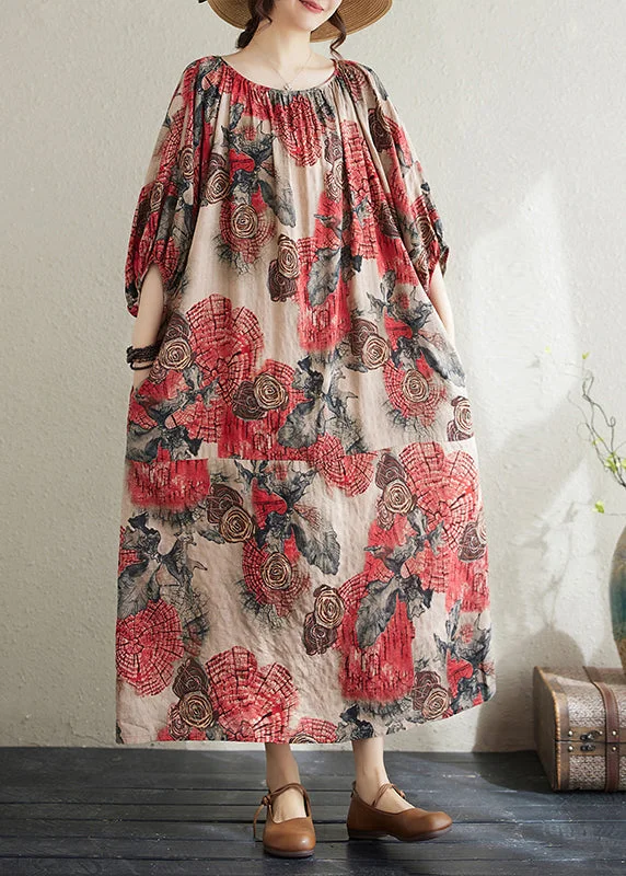 Plus Size Red O Neck Print Cotton Long Dress Puff Sleeve AP038