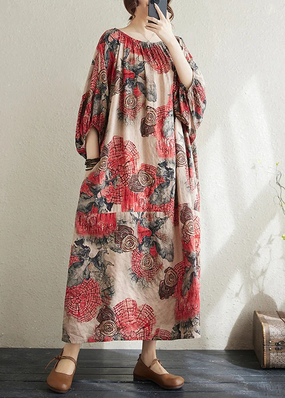 Plus Size Red O Neck Print Cotton Long Dress Puff Sleeve AP038