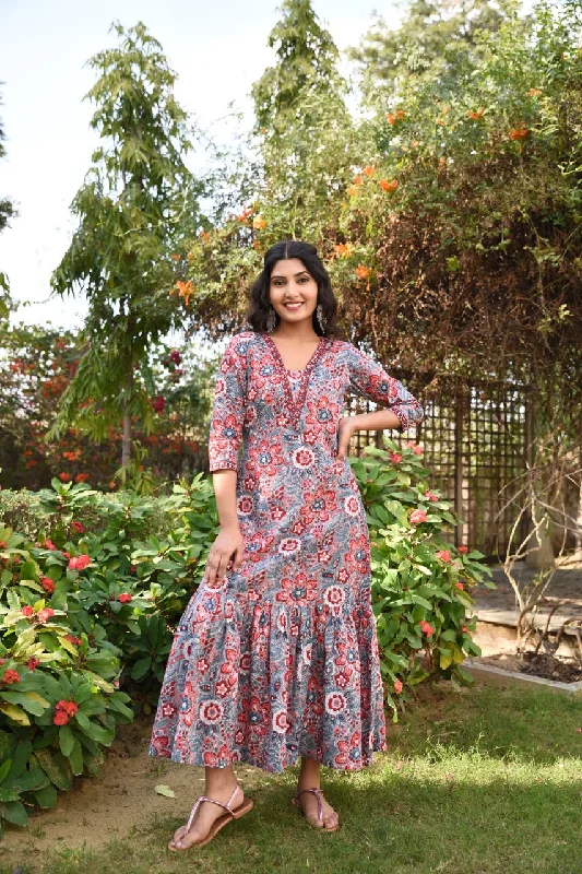 Red Blossoms Pure Handblock Cotton Maxi Dress