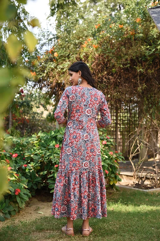 Red Blossoms Pure Handblock Cotton Maxi Dress