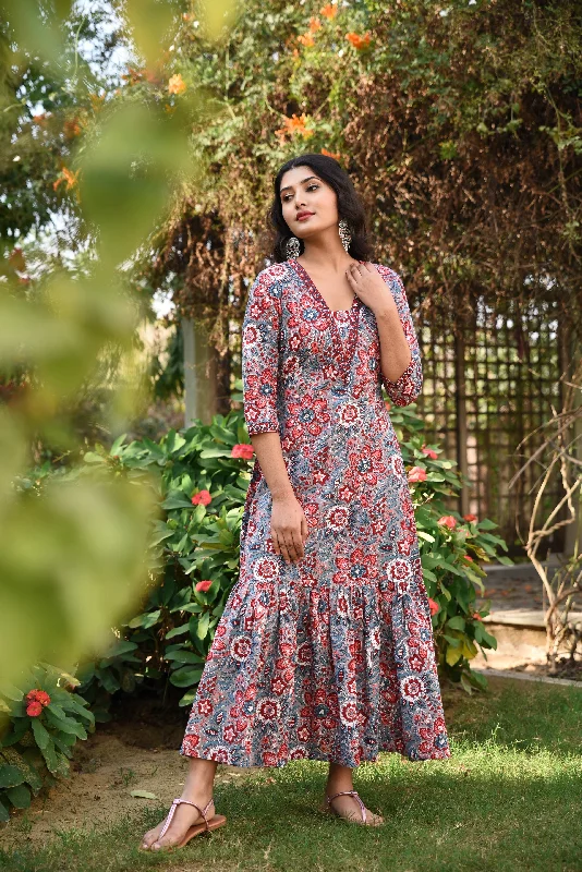 Red Blossoms Pure Handblock Cotton Maxi Dress