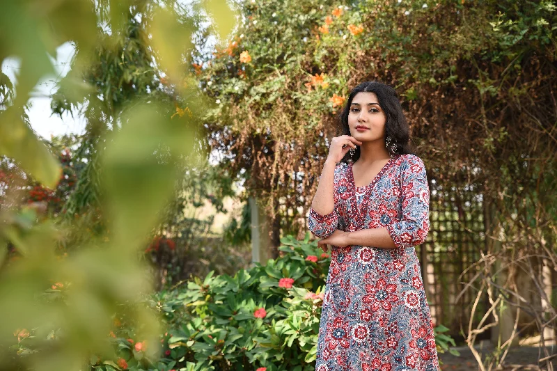 Red Blossoms Pure Handblock Cotton Maxi Dress