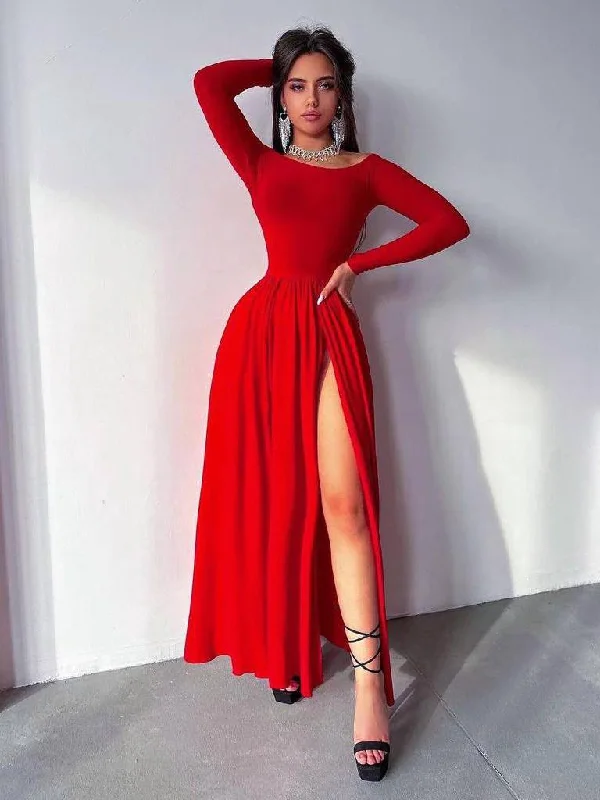 RED LONG DRESS WITH DRAPE DETAIL DOUBLE STRAPS