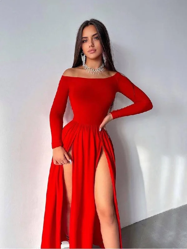 RED LONG DRESS WITH DRAPE DETAIL DOUBLE STRAPS