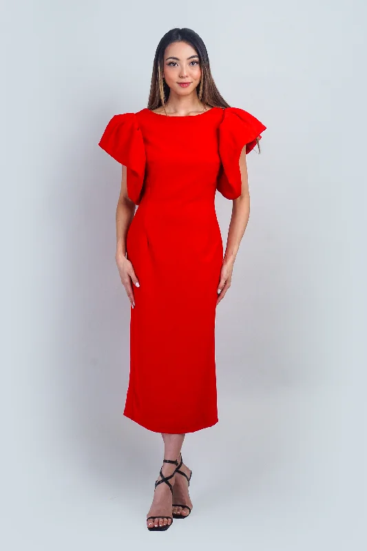 Red Puff Sleeves Midi Dress