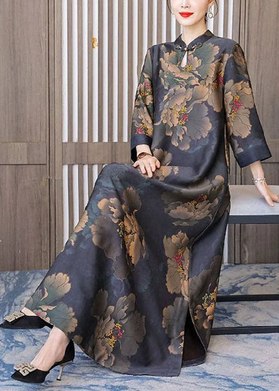 Momentlover Retro Mandarin Collar Print Silk Long Dresses Caftan Spring LY1767