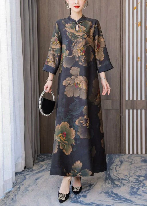 Momentlover Retro Mandarin Collar Print Silk Long Dresses Caftan Spring LY1767