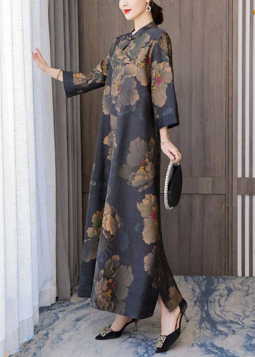 Momentlover Retro Mandarin Collar Print Silk Long Dresses Caftan Spring LY1767