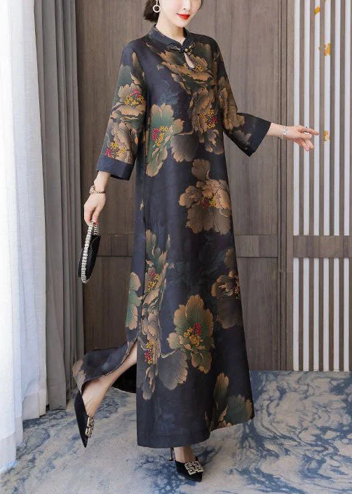 Momentlover Retro Mandarin Collar Print Silk Long Dresses Caftan Spring LY1767