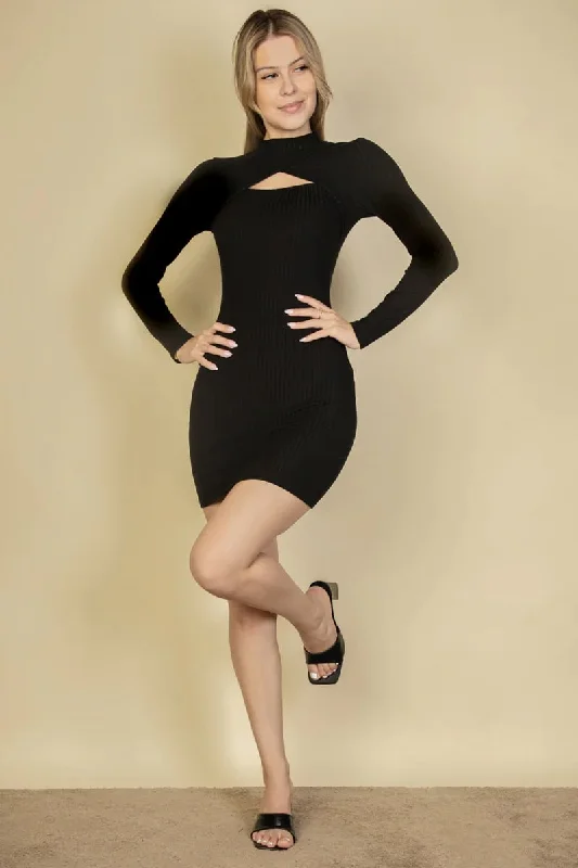 Ribbed cut out front long sleeve bodycon mini dress