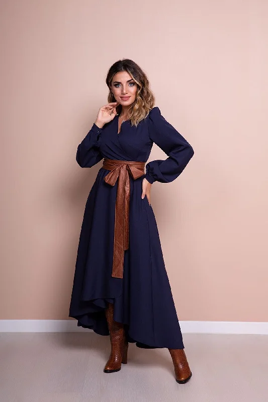 robe bleu marine   avec ceinture Manches Longues Coupe Asymétrique dress REF:LACI-210-TABAKMR