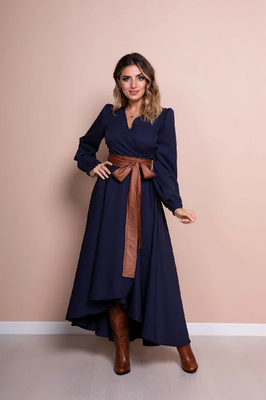 robe bleu marine   avec ceinture Manches Longues Coupe Asymétrique dress REF:LACI-210-TABAKMR