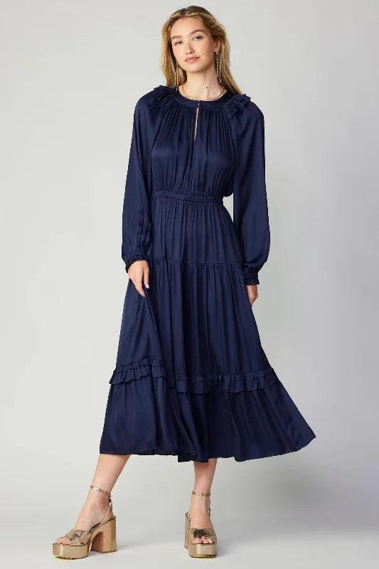 Ruffled Shoulder Tiered Maxi- Navy