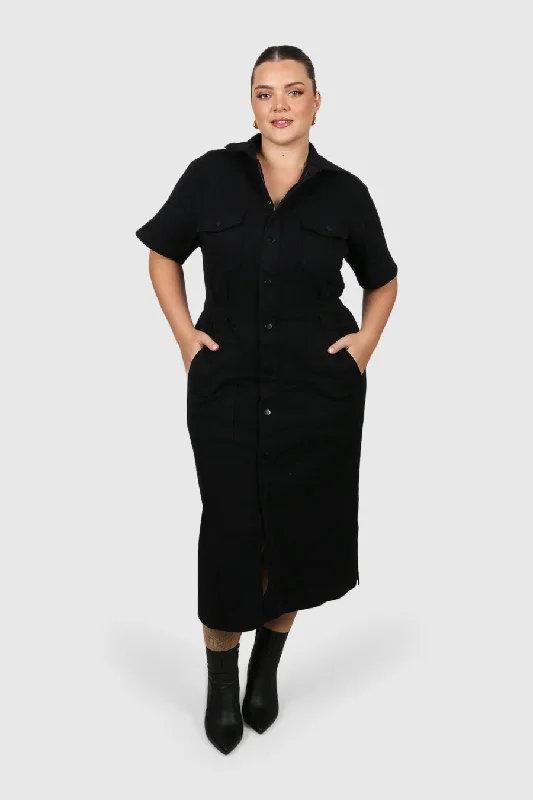 SAVEIRA DENIM MIDI DRESS BLACKOUT