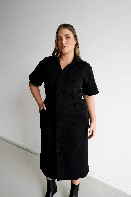 SAVEIRA DENIM MIDI DRESS BLACKOUT