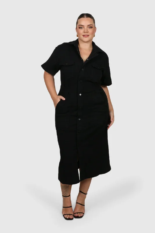 SAVEIRA DENIM MIDI DRESS BLACKOUT