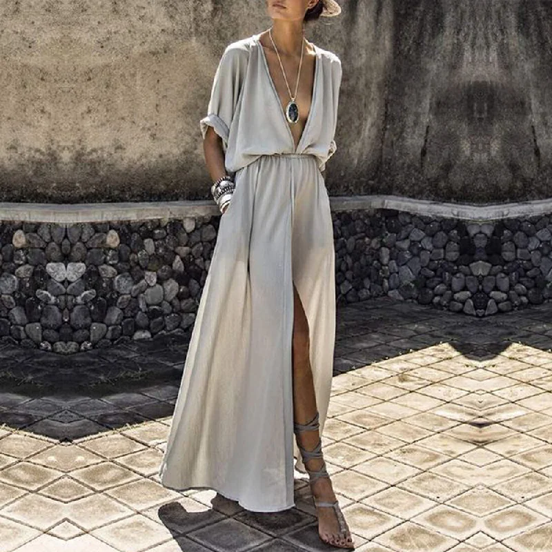 Sexy Deep V-Neck Short Sleeve Casual Loose Long Maxi Split with pockets dress