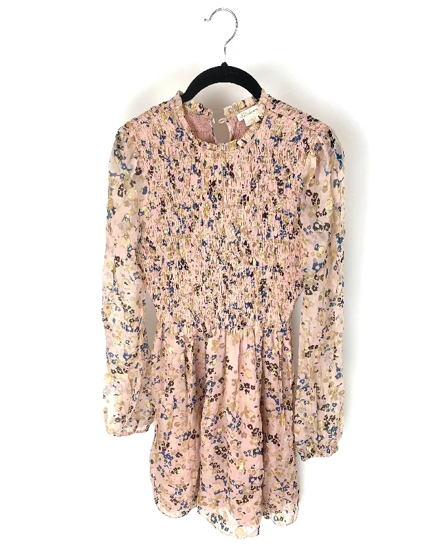 Pink Flower Printed Long Sleeve Dress - Size 4