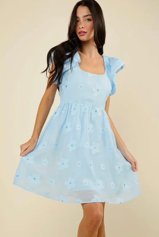 Sky Blue Flower Embroidered Mini Dress