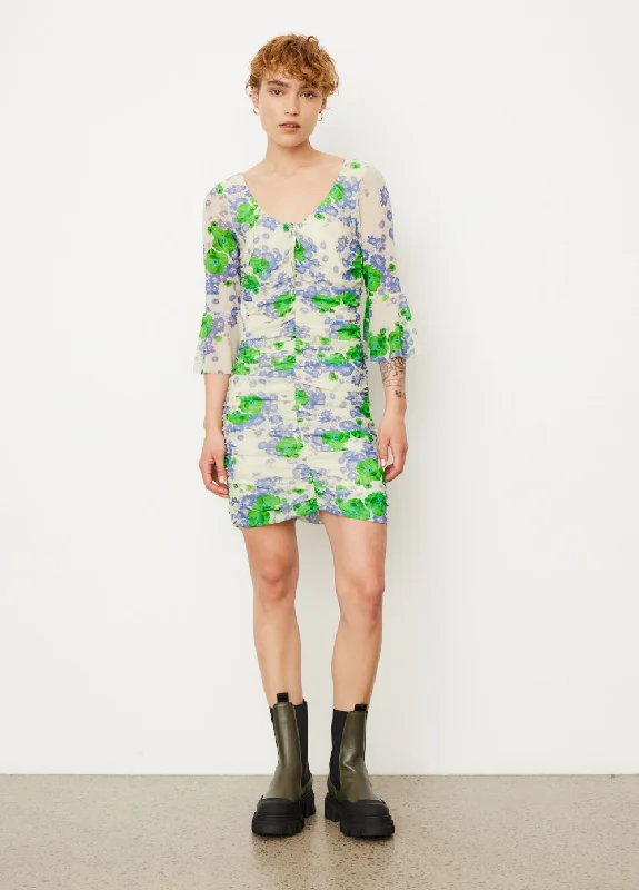 Printed Mesh Ruched Mini Dress