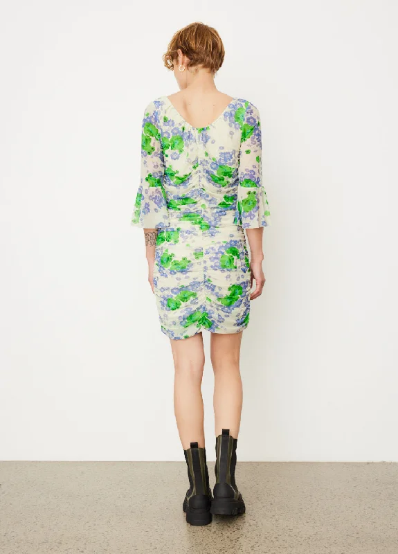 Printed Mesh Ruched Mini Dress