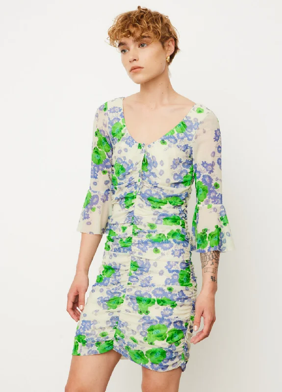 Printed Mesh Ruched Mini Dress