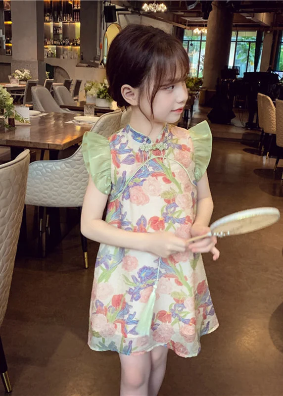 Unique Green Stand Collar Print Button Girls Mid Dresses Sleeveless MN028