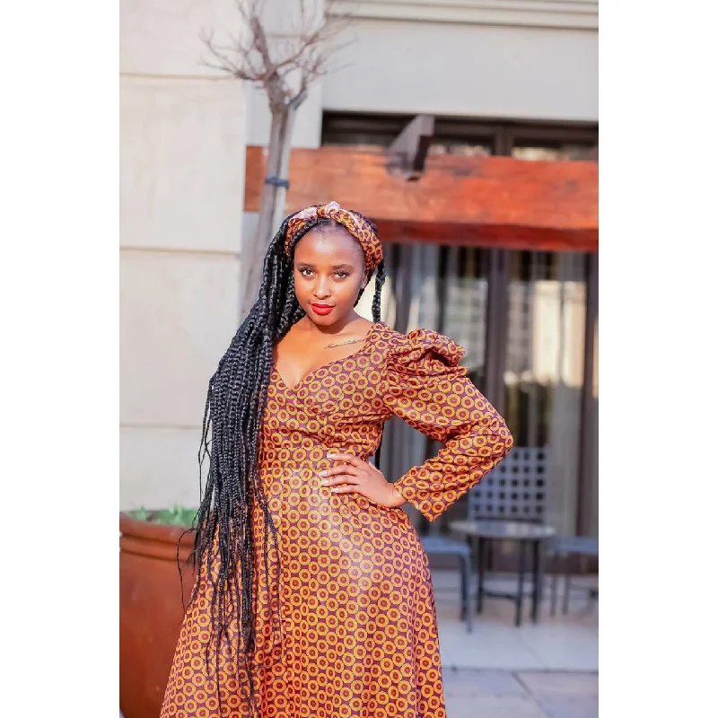 V-Neck Long Sleeve Ankara Dress