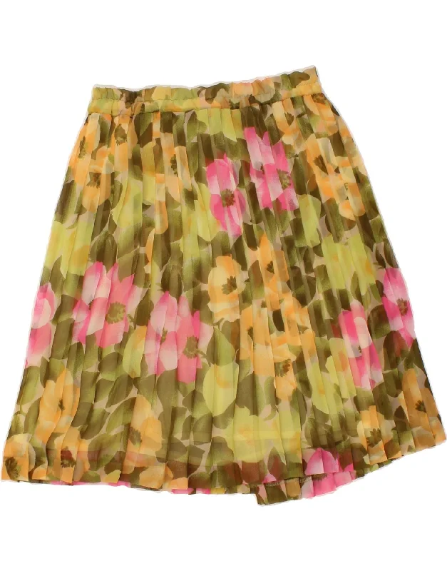 VINTAGE Womens Pleated Skirt W28 Medium Green Floral Polyester