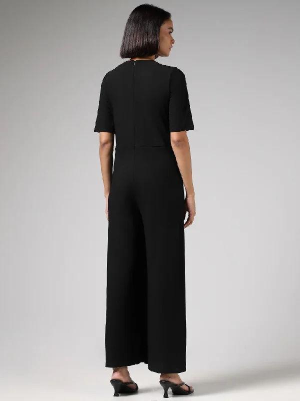 Wardrobe Solid Black V-Neck Jumpsuit