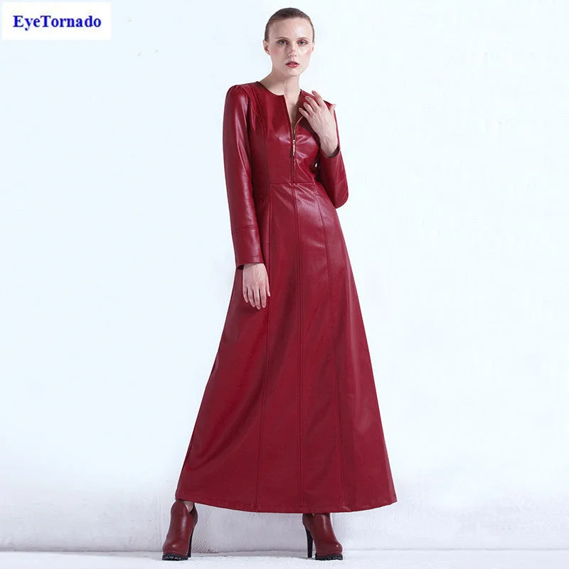 Women dress autumn slim X-long elegant casual work office dress Leather PU formal ball maxi dresses Plus size British style 7072