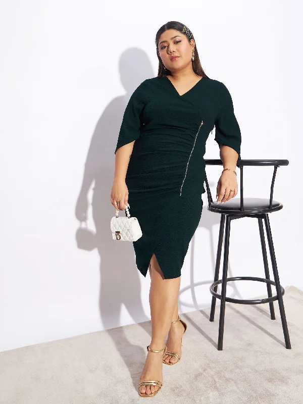 Women Emerald Green Ruching Detail Bodycon Dress