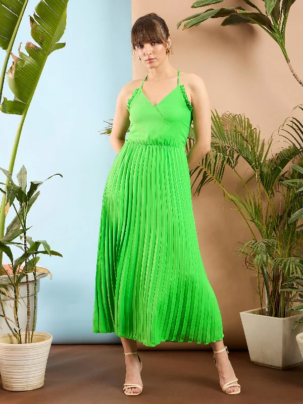 Women Green Strappy Pleated Maxi Dress