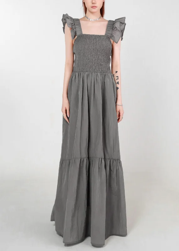 Women Grey Pockets High Waist Cotton Long Dress Summer ZL074