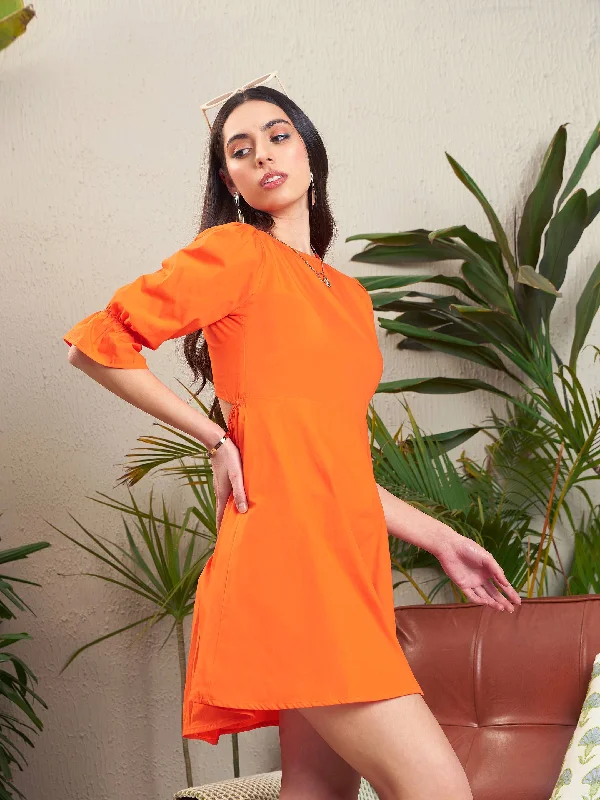 Women Orange Poplin Back Waist Cut-Out Short Dress