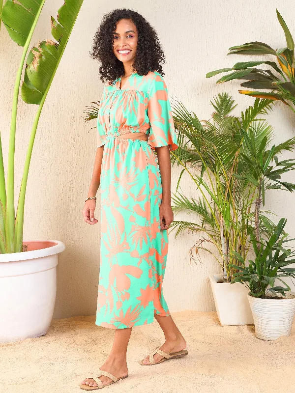 Women Peach Floral Side Cut-Out Midi Dress