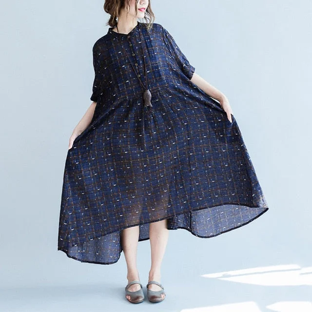 Women Print Dress 2019 Summer Cotton Rayon Maxi Long Dresses O Neck Half Sleeve Casaul Loose Plus Size Vestidos