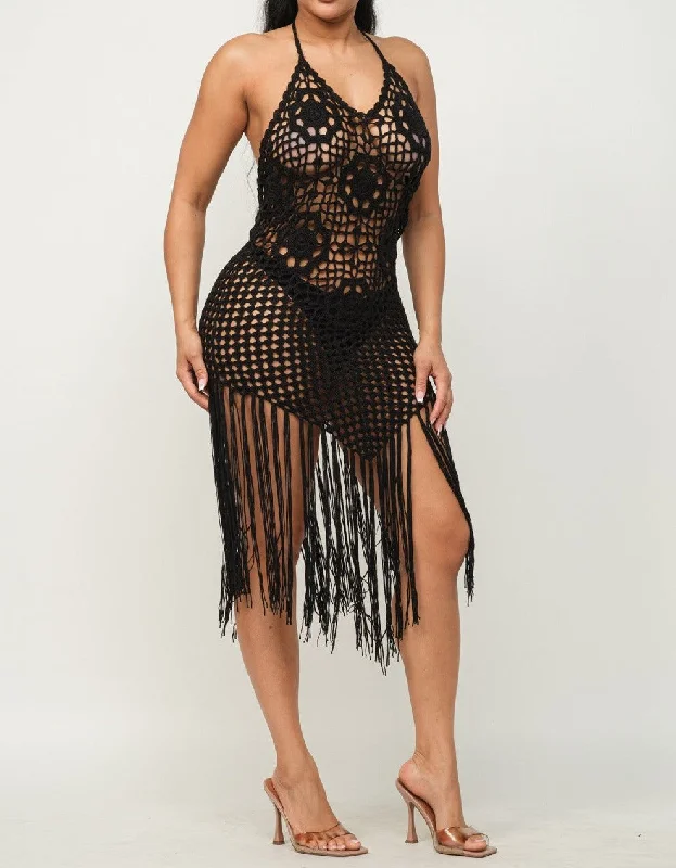 Women's Crochet Cover Up Halter Mini Dress - HER23220