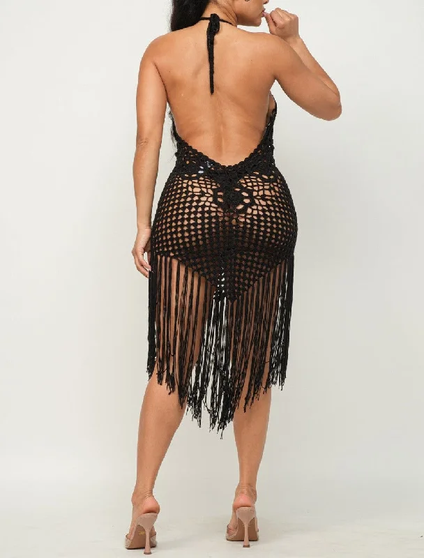 Women's Crochet Cover Up Halter Mini Dress - HER23220