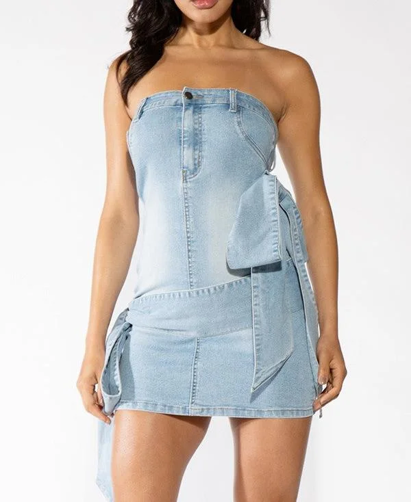 Women's Denim Tube Dress with Bow - REHLD60730B