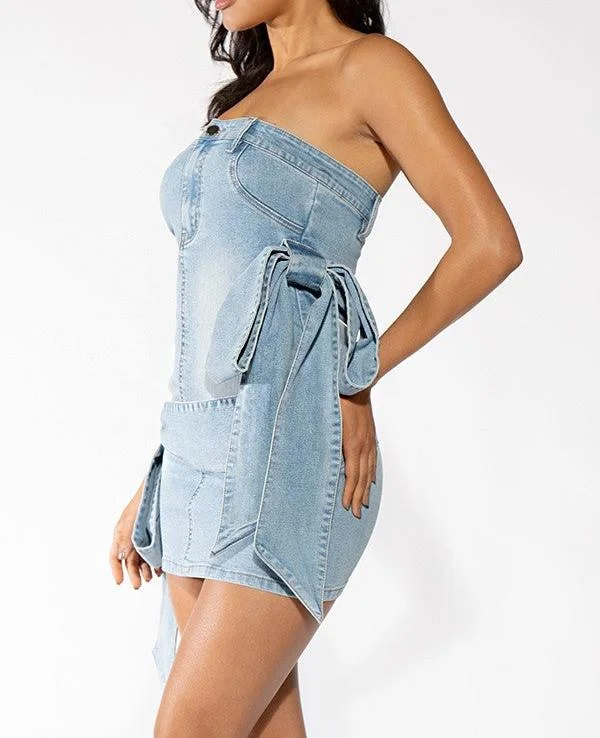 Women's Denim Tube Dress with Bow - REHLD60730B