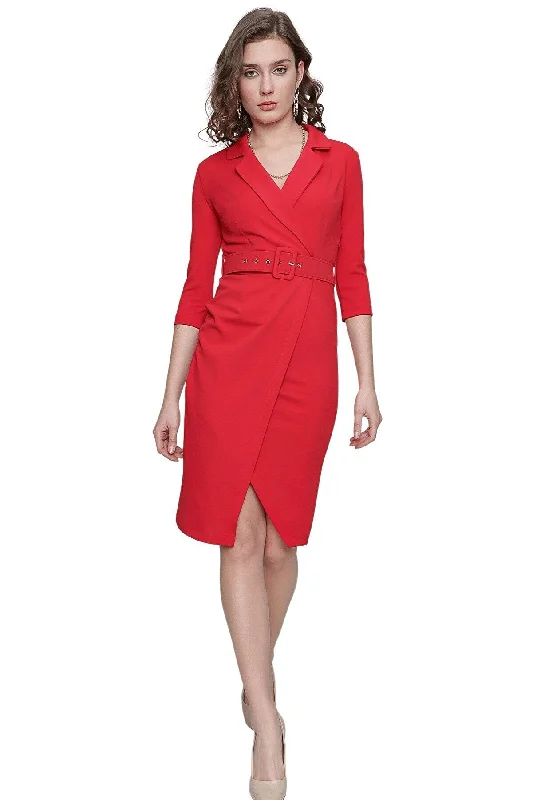 Women's Ecru Lycra Double Breasted Collar Belted RED  dress REF: 21-2KB0668