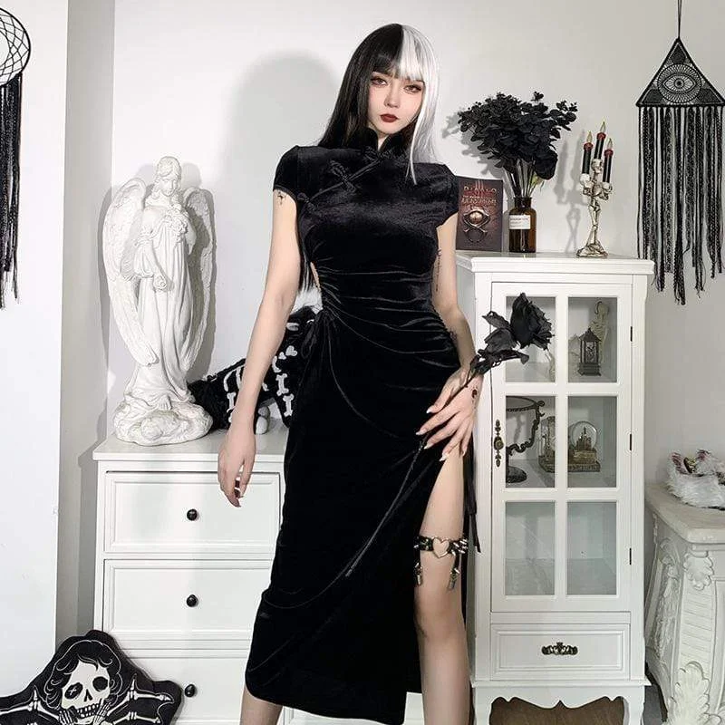 Women's Kawaii Side Slit Black Velet Cheongsam Dress